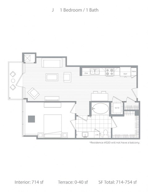 Floor plan for 1 bed, 1 bath, 746 sqft